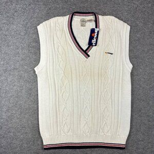 ELLESSE Sweater Men Large White Vest Tennis Jumper Retro Upside Down Logo Street